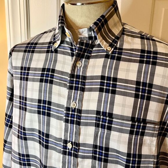 EUC Men's Burberry London Black White Blue Plaid Button Down Cotton Shirt LARGE - Picture 2 of 4